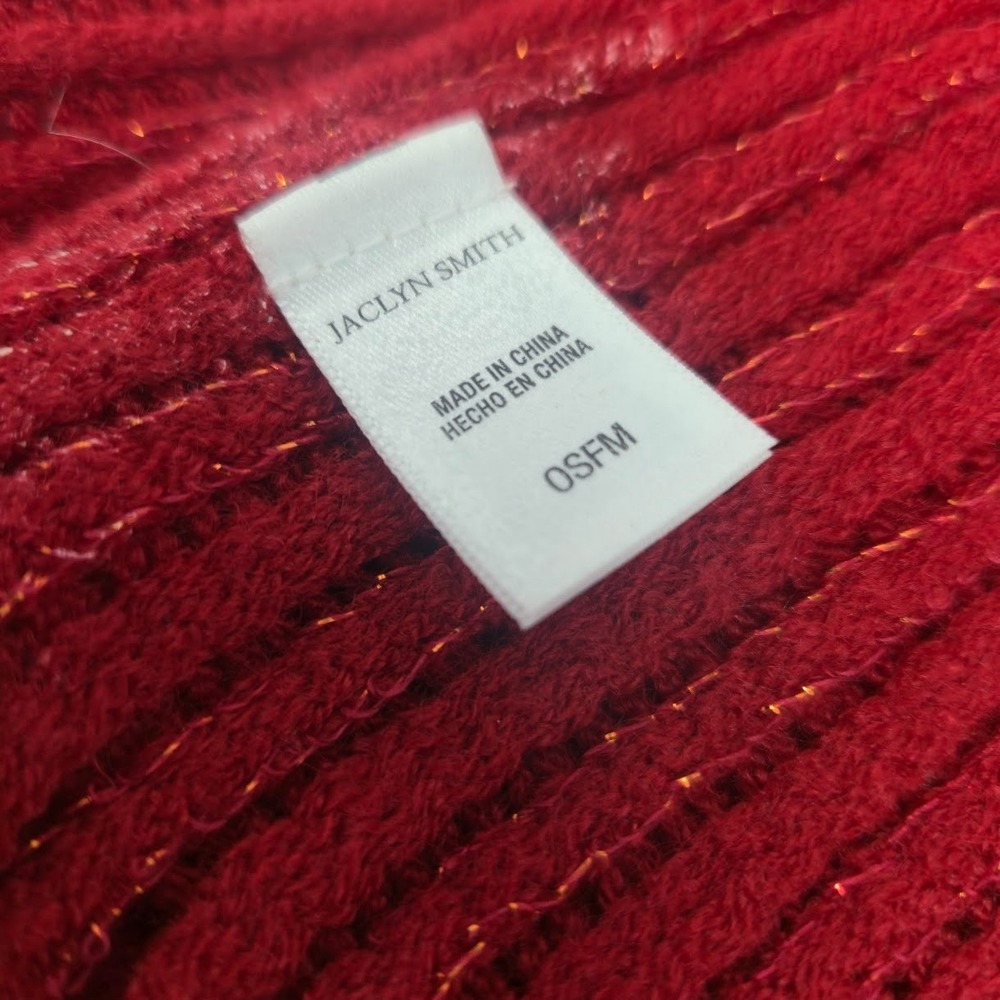 Jaclyn Smith Red Scarf Gold Metallic Stitching Ribbed Knit Fringe 60x7 RN 42000